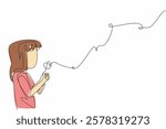 Single continuous line drawing a cute girl blows on a dandelion and the flakes fly. Ritual before making a wish. Hereditary beliefs. Very pleasant. World Wish Day. One line design vector illustration