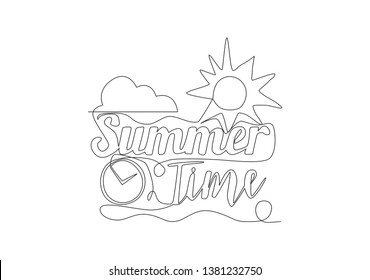 Single continuous line drawing of cute and cool travel holiday typography quote - Summer Time. Calligraphic design for print, card, banner, poster. One line draw design vector graphic illustration