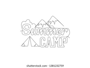 Single continuous line drawing of cute and fabulous summer activity typography quote - Summer Camp. Calligraphic design for print, card, banner, poster. One line draw design vector illustration