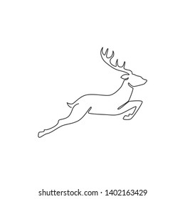 Single continuous line drawing of cute elegance deer for national zoo logo identity. Luxury buck mascot concept for animal hunting club. Dynamic one line draw design illustration graphic vector