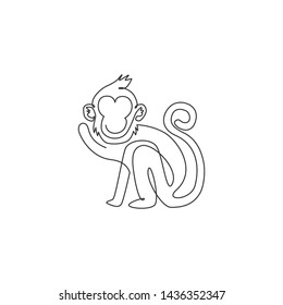 Single continuous line drawing of cute walking monkey for national zoo logo identity. Adorable primate animal mascot concept for circus show icon. One line draw design vector graphic illustration
