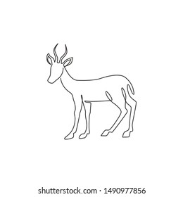 Single continuous line drawing of cute antelope for company logo identity. Horned gazelle mascot concept for national zoo icon. One line draw design graphic vector illustration