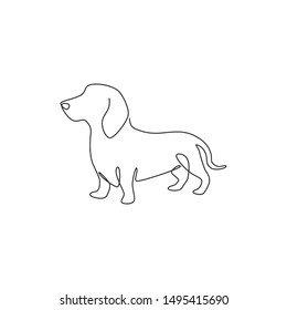 Single continuous line drawing of cute dachshund dog for logo identity. Purebred dog mascot concept for pedigree friendly pet icon. Modern one line draw design graphic vector illustration