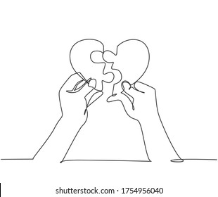 Single continuous line drawing of cute young happy man put the puzzle pieces together to heart shape form. Romantic love marriage concept. Modern one line draw graphic design vector illustration