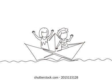 Single Continuous Line Drawing Cute Boys And Girls Floating On Paper Boat On The Water. Happy Smiling Kid Having Fun And Playing Sailor In Imaginary World. One Line Graphic Design Vector Illustration