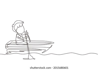 Single continuous line drawing cute little boy riding on boat at river. Kids riding on wooden boat. Kids rowing boat on lake. Happy children paddle boat. Dynamic one line draw graphic design vector