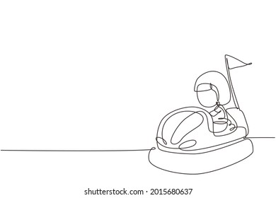 Single continuous line drawing cute little girl riding in bump car. Happy kids driving bumpercar. Children riding bump cars in amusement park. Dynamic one line draw graphic design vector illustration