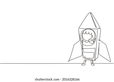 Single continuous line drawing cute creative little girl playing as astronaut. Happy and lovely kid in rocket costume made of cardboard boxes. Dynamic one line draw graphic design vector illustration