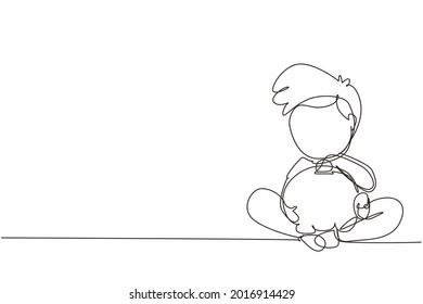 Single continuous line drawing cute little boys sitting on the floor puts coins in a piggy bank and dreams of buy something. Concept of saving money. One line draw graphic design vector illustration