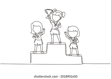 Single continuous line drawing cute girl standing on podium as sport competition winner. Championship celebration. Happy cute kid win game gold trophy. One line draw graphic design vector illustration