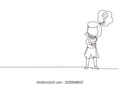 Single Continuous Line Drawing Cute Girl Thinking. Kids Think Creative Idea. Bubble With Question Mark Sign. Concept Of Learning And Growing Children. One Line Draw Graphic Design Vector Illustration