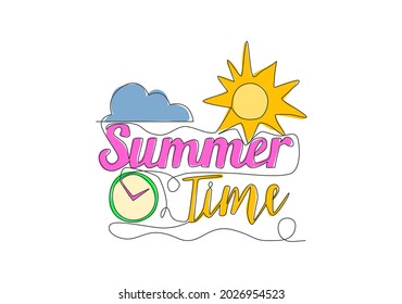 Dibujo de línea continua de la tipografía de vacaciones de viaje lindo y fresco - Tiempo de verano. Diseño caligráfico para impresión, tarjeta, pancarta, afiche. Ilustración gráfica vectorial de diseño de línea de una línea