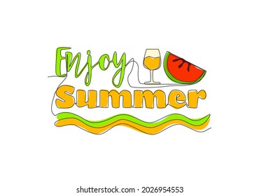 Single continuous line drawing of cute and cool holiday time typography quote - Enjoy Summer. Calligraphic design for print, card, banner, poster. One line draw graphic design vector illustration