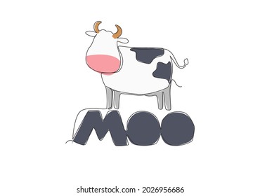 Single continuous line drawing of cute and adorable typography animal quote - Moo for cow sound. Calligraphic design for print, card, banner, poster. One line draw design illustration graphic vector