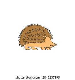 Single continuous line drawing of cute little baby hedgehog for logo identity. Funny tiny thorny mammal rodent concept for pet lover icon. Dynamic one line draw graphic design vector illustration