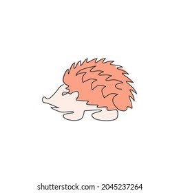 Single continuous line drawing of cute little baby hedgehog for logo identity. Funny thorny mammal rodent concept for pet lover icon. Trendy one line graphic draw design vector illustration