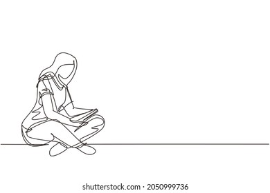 Single continuous line drawing cute lady sitting on floor, reading book. Adorable young woman spending weekend at home. Leisure activity, repose, relaxation. One line draw design vector illustration
