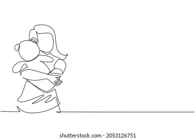 Single continuous line drawing cute teenage girl holding her teddy bear, young woman with teddy bear in hand. Young female hugging teddy bear stuffed animal. One line draw design vector illustration