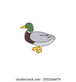 Single continuous line drawing of cute mallard for farm logo identity. Waterfowl duck mascot concept for animal livestock icon. Modern one line draw design vector graphic illustration