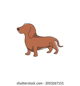 Single continuous line drawing of cute dachshund dog for logo identity. Purebred dog mascot concept for pedigree friendly pet icon. Modern one line draw design graphic vector illustration