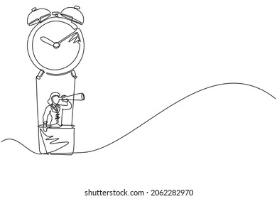 Single continuous line drawing cute businesswoman, manager or employee ride hot air balloon alarm clock and looking forward with telescope. Time management business travel. One line draw design vector