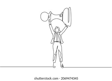 Single continuous line drawing cute businesswoman holding, lifting pawn chess piece. Successful entrepreneurship tactics or strategy, superiority in business. One line draw design vector illustration