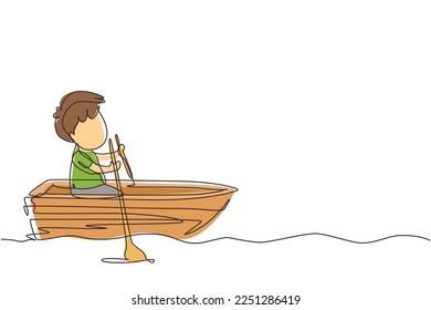 Una sola línea continua dibujando a un lindo niñito cabalgando en bote en el río. Niños montando en un bote de madera. Niños remando un bote en el lago. Feliz barco de remo para niños. vector de diseño gráfico de tracción dinámica de una línea