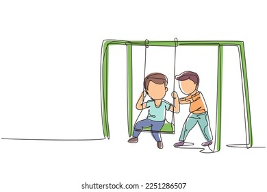Single continuous line drawing cute little boy swinging on swing and his friend helped push from behind. Happy preschool kids friends playing together outside. Dynamic one line graphic design vector