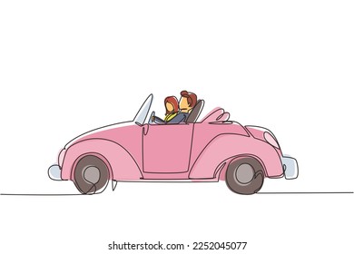 Single continuous line drawing cute elegant couple on road trip in vintage retro car. Happy man and woman in vehicle. Married couple romantic relationship. Dynamic one line draw graphic design vector