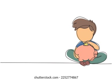 Single continuous line drawing cute little boys sitting on the floor puts coins in a piggy bank and dreams of buy something. Concept of saving money. One line draw graphic design vector illustration