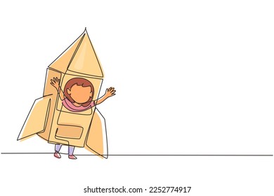 Single continuous line drawing cute creative little boy playing as astronaut. Happy and lovely kid in rocket costume made of cardboard boxes. Dynamic one line draw graphic design vector illustration