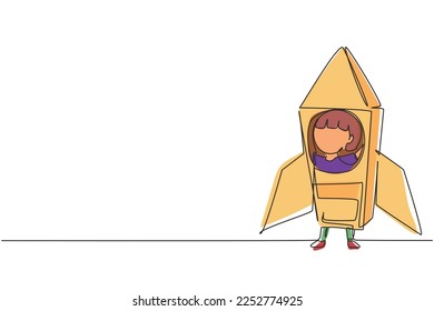 Single continuous line drawing cute creative little girl playing as astronaut. Happy and lovely kid in rocket costume made of cardboard boxes. Dynamic one line draw graphic design vector illustration