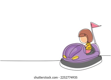 Single continuous line drawing cute little girl riding in bump car. Happy kids driving bumpercar. Children riding bump cars in amusement park. Dynamic one line draw graphic design vector illustration