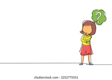 Single continuous line drawing cute girl thinking. Kids think creative idea. Bubble with question mark sign. Concept of learning and growing children. One line draw graphic design vector illustration