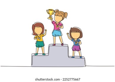 Single continuous line drawing cute girl standing on podium as sport competition winner. Championship celebration. Happy cute kid win game gold trophy. One line draw graphic design vector illustration