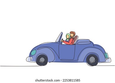 Single continuous line drawing cute elegant couple on road trip in vintage retro car. Happy Arabian man and woman in vehicle. Married couple romantic relationship. One line draw graphic design vector