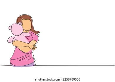 Single continuous line drawing cute teenage girl holding her teddy bear, young woman with teddy bear in hand. Young female hugging teddy bear stuffed animal. One line draw design vector illustration
