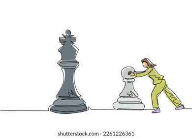 Single continuous line drawing cute businesswoman push huge pawn chess piece. Business strategy and marketing plan. Strategic move in business concept. One line draw graphic design vector illustration