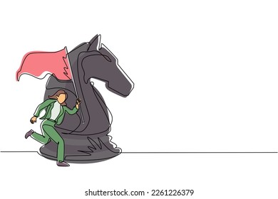 Single continuous line drawing cute businesswoman running and holding flag beside big horse knight chess. Business achievement goal, metaphor concept. One line draw graphic design vector illustration