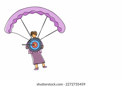 Single continuous line drawing cute businesswoman holding target with arrow in bullseye and jumping with parachute. Goal setting. Professional manager. One line draw graphic design vector illustration