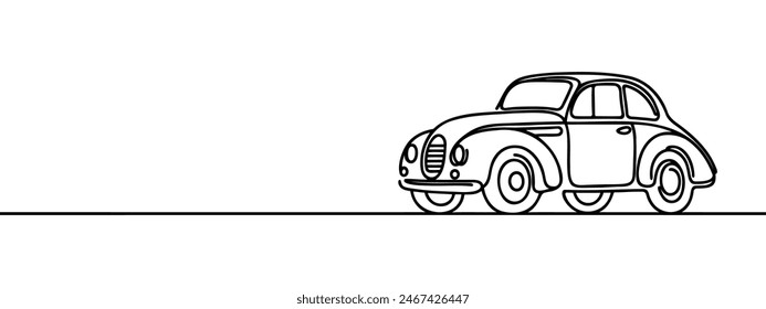 Una sola línea continua dibujando linda pareja elegante en viaje por carretera en el coche retro vintage. Hombre y mujer felices en el vehículo. Pareja casada relación romántica. Vector de Diseño gráfico de dibujo dinámico de una línea