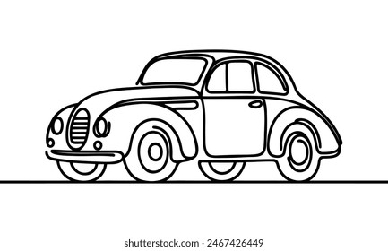 Una sola línea continua dibujando linda pareja elegante en viaje por carretera en el coche retro vintage. Hombre y mujer felices en el vehículo. Pareja casada relación romántica. Vector de Diseño gráfico de dibujo dinámico de una línea