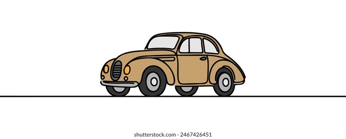 Una sola línea continua dibujando linda pareja elegante en viaje por carretera en el coche retro vintage. Hombre y mujer felices en el vehículo. Pareja casada relación romántica. Vector de Diseño gráfico de dibujo dinámico de una línea