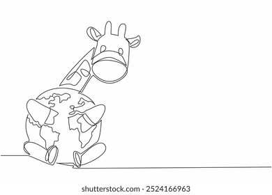 Single continuous line drawing cute giraffe hugging globe. Symbol of longing. Longing for a comfortable place before global warming. Habitat. World Wildlife Day. One line design vector illustration