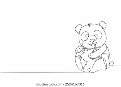 Single continuous line drawing cute lion hugging globe. Stop cutting down bamboo trees at will. Let them live comfortably. Ecosystem. Habitats. World Wildlife Day. One line design vector illustration