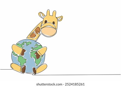 Single continuous line drawing cute giraffe hugging globe. Symbol of longing. Longing for a comfortable place before global warming. Habitat. World Wildlife Day. One line design vector illustration