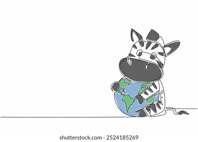 Single continuous line drawing cute zebra hugging globe. The vast and green grassland is the best place for them. Prevent them from extinction. World Wildlife Day. One line design vector illustration