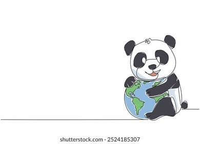 Single continuous line drawing cute lion hugging globe. Stop cutting down bamboo trees at will. Let them live comfortably. Ecosystem. Habitats. World Wildlife Day. One line design vector illustration