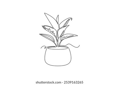 Single continuous line drawing cute potted tropical aglaonema plant. Printable decorative houseplant concept for home wall decoration ornament. Dynamic one line draw graphic design vector illustration
