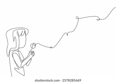 Single continuous line drawing a cute girl blows on a dandelion and the flakes fly. Ritual before making a wish. Hereditary beliefs. Very pleasant. World Wish Day. One line design vector illustration